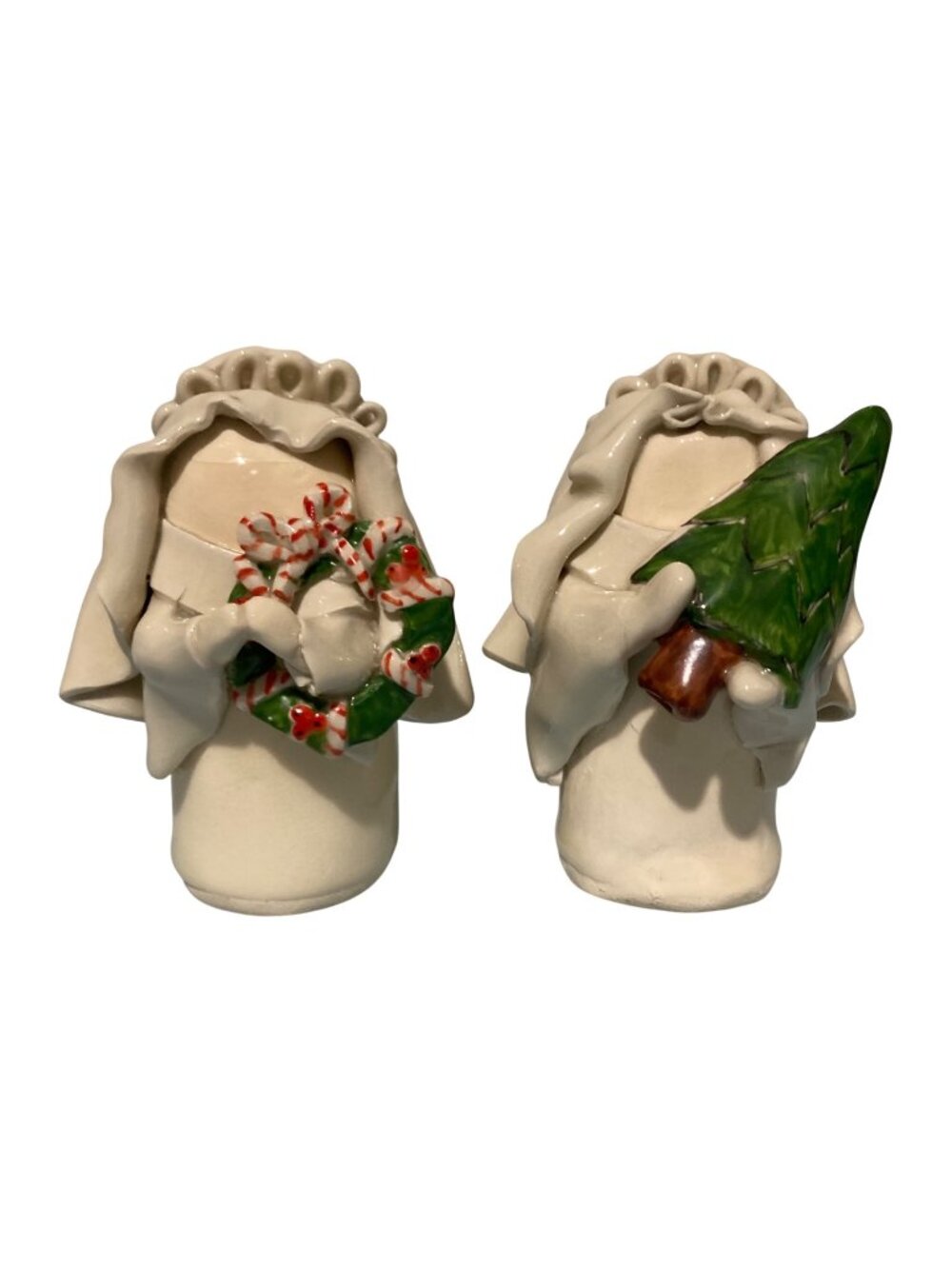 Gerry Wallace Pottery Christmas Angel Figurines Holding Wreath And Tree Set Of 2
